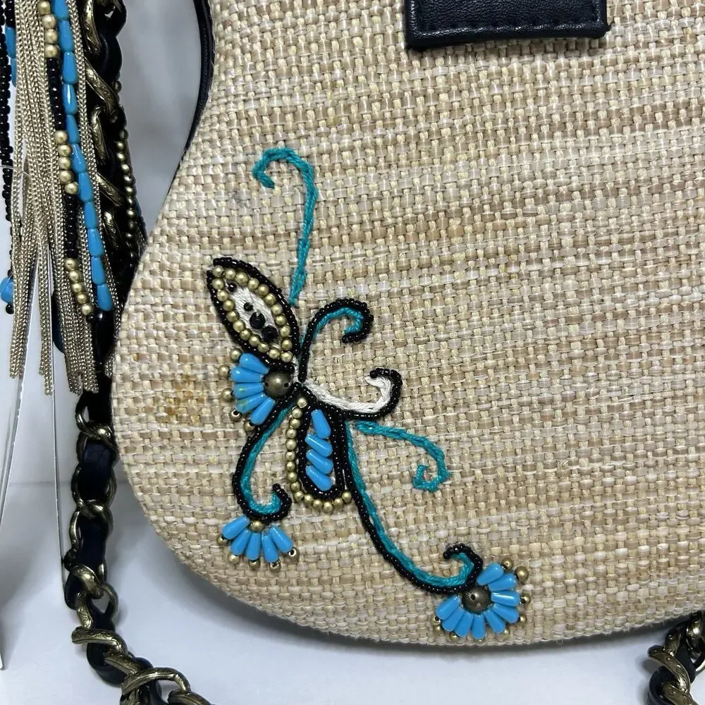 Mary Frances Unplugged Cream Woven and NWT Turquoise Beaded Guitar Bag *RARE - Picture 13 of 16